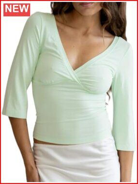 Women 3/4 Sleeve Wrap V-Neck Ruched Fitted Crop Top Y2K Going Out